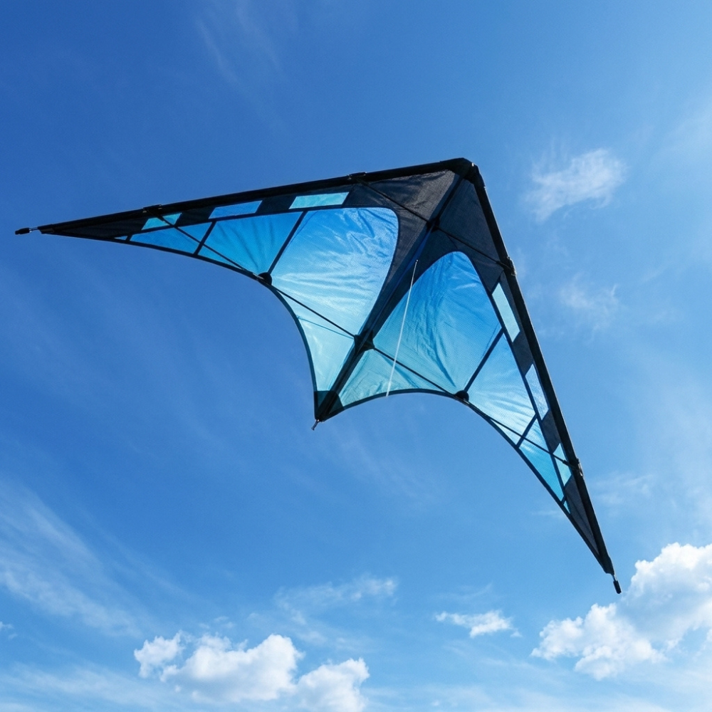 Wikz Delta Core Trickdrage i blå flyver på himlen