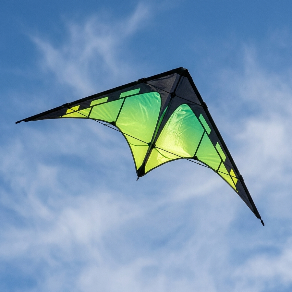 Wikz Delta Core Trickdrage i grøn flyver på himlen