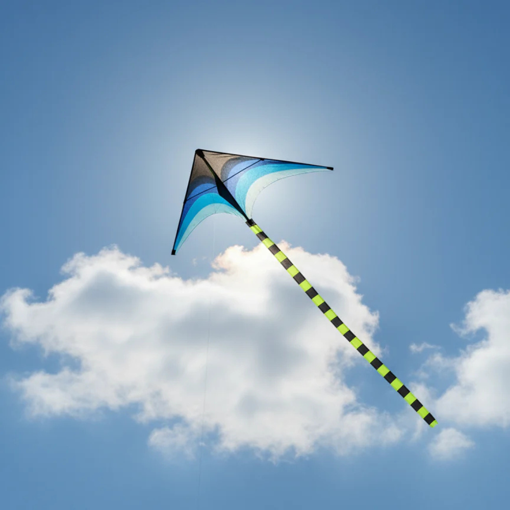 Wikz Delta Power drage i blå, flyvende mod klar blå himmel