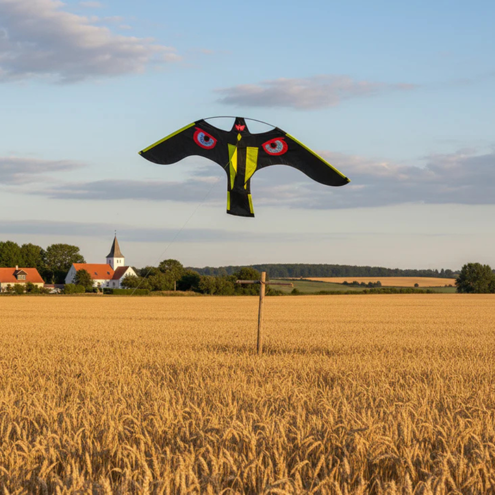 Wikz Mågeskræmmer Drage i sort og gul, flyvende over mark mod blå himmel