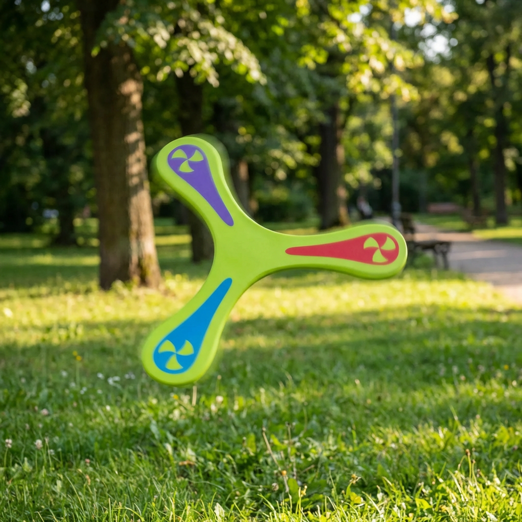 WindRider Energy boomerang i grøn, vist i luften i park